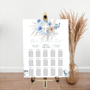 Blue floral baptism seating chart template, communion seating chart, boy baptism seating plan printable blue watercolor christening sign P65