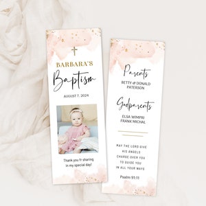 Pink baptism bookmark with photo, first communion bookmark template, pink baptism favor keepsake, editable christening bookmark girl B2p