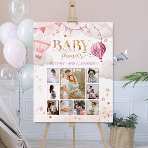 Pink Balloon baby shower welcome sign template, baby girl welcome sign, baby shower photo collage, its a girl pregnancy photo collage, P244