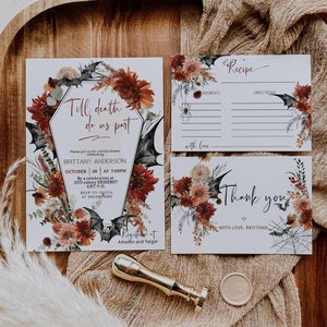 Halloween wedding invitation set template, til death wedding printable recipe cards thank you, coffin halloween flower wedding fall P149