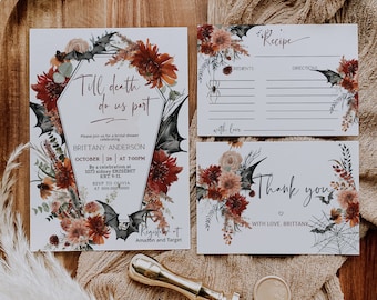 Halloween wedding invitation set template, til death wedding printable recipe cards thank you, coffin halloween flower wedding fall P149