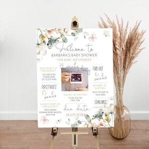 Floral baby shower welcome sign template, greenery baby shower board, editable baby shower chalkboard sign, printable milestone board, B011