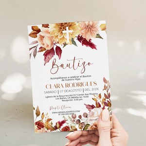Boho floral baptism invitation in spanish template, invitacion de bautizo, christening invite, mi bautizo, editable religious invite, P234