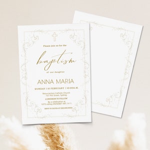 Gold baptism invitation template, modern minimalist gender neutral baptism invite, elegant baptism invite, editable christening invite, P225