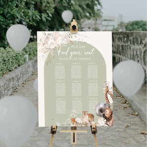 Safari animals birthday seating chart template, editable 1st birthday seat plan, wild one party seating chart, printable seating chart, P48g