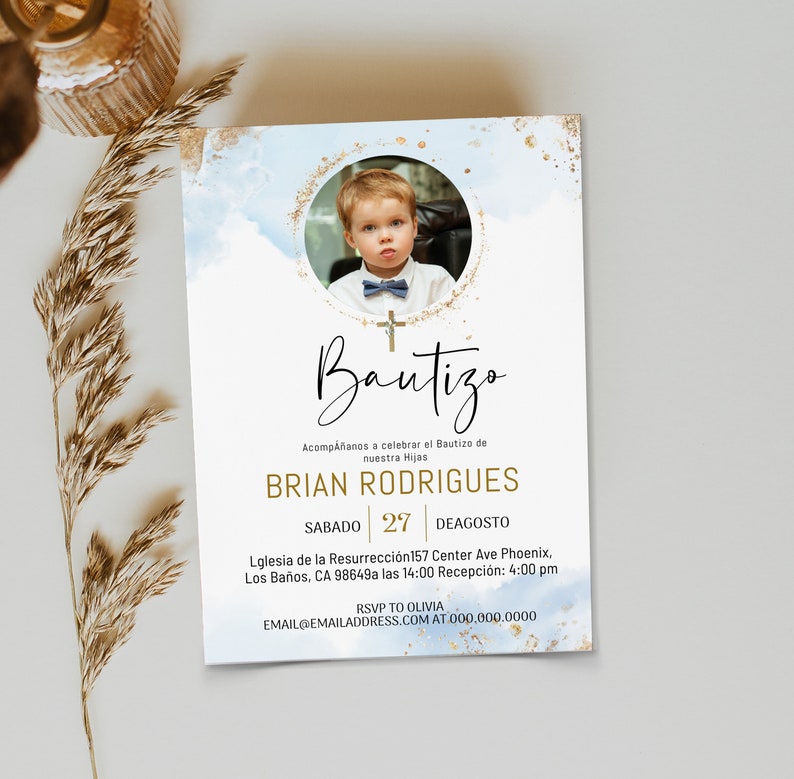 Invitaciones De Bautizo Nino Digitales Blue Gold Spanish Etsy