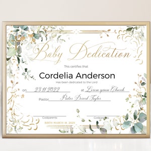Dedication certificate template, greenery custom christening certificate, editable baptism certificate, baby dedication certificate, P133