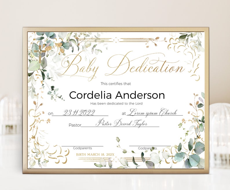 Baby Dedication Certificate, Greenery Custom Christening Certificate ...