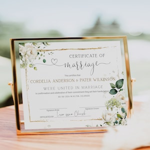 Wedding certificate of marriage template, white flowers marriage certificate, green elegant wedding certificate, floral wedding keepsake P14