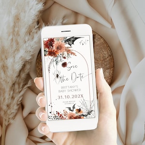 Halloween save the date massage template, boho baby shower electronic save the date, burnt orange halloween wedding save the date P149
