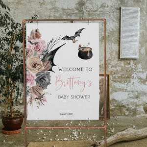 A baby is brewing baby shower welcome sign template, witch halloween baby shower welcome sign, bat halloween baby shower welcome,  P170