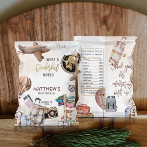 Onederful world birthday chip bag template, adventure 1st birthday travel party favor wrapper, editable world birthday party bag snack, P163