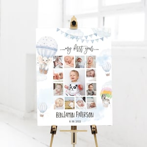 Editable 12 month photo poster, first year photo collage template, hot air ballon 1st birthday, my first year photo sign, boy 1st sign P46
