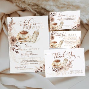 Baby is brewing invitation set template, coffee & bottle shower invite, editable baby shower invite, diaper raffle, books for baby P288