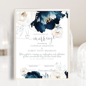 Editable marriage certificate keepsake template, blue flowers wedding certificate, wedding certificate, marriage ceremony certificate, P128
