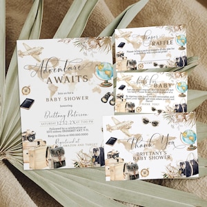 Adventure awaits baby shower invitation set template, editable baby shower invite, world map baby shower, gender neutral, travel theme, P291