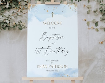 Blue gold baptism and 1st birthday welcome sign template, light blue watercolor welcome sign, religious welcome sign, blue christening B2b