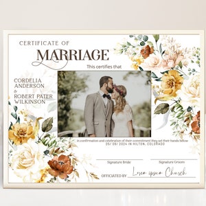 Certificate of marriage template, boho floral marriage certificate, photo wedding certificate, terracotta wedding certificate keepsake, P59