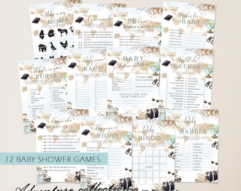 Adventure awaits baby shower game template, travel themed games bundle, editable boy baby shower games, printable world map game cards, P291