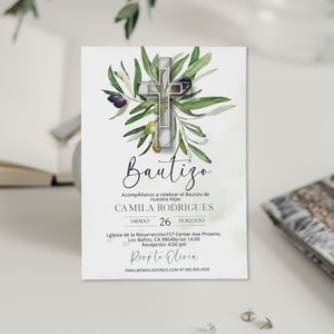 Invitaciones de bautizo digitales, mi bautizo, greenery bautizo invite, christening invitation in spanish, editable religious invite, P226