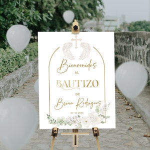 Bienvenidos a bautizo religious welcome sign template, printable angel bautizo welcome sign, editable spanish welcome poster, P200