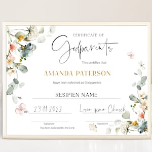 Greenery godparents certificate template, floral baptism certificate, editable godparents certificate, printable church certificate, B011