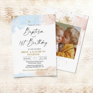 Twins baptism and 1st birthday invitation template, twins girl boy christening invite, editable baptism invite, printable birthday invite B2