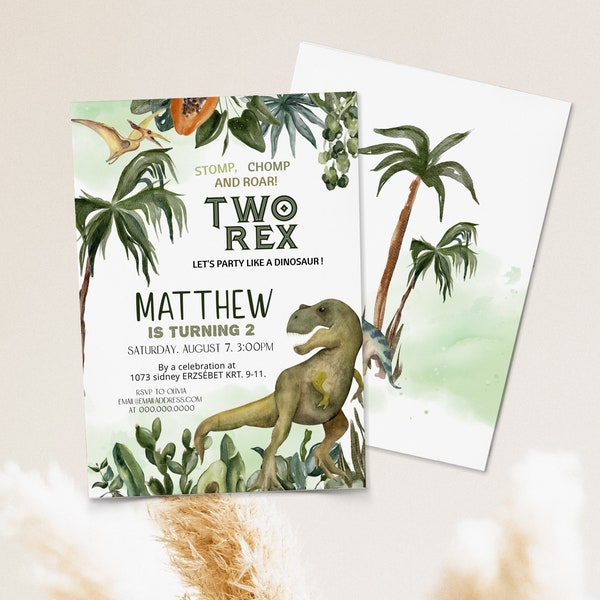 Editable two rex invitation boy template, dinosaur birthday invitation 2 year, dinosaur t rex birthday party boy dino 2nd birthday party P91