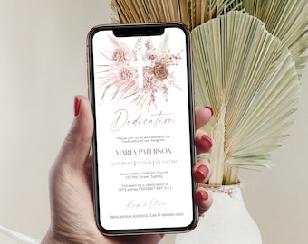 Pink boho electronic baby dedication invitation template, smart phone baby girl dedication, boho christening evite, baptism email invite P64