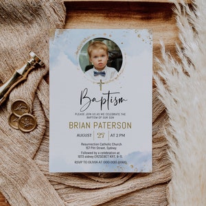 Blue gold baptism invitation template, boy baptism invite, baptism photo invite, dedication invite, editable christening invite, B2b