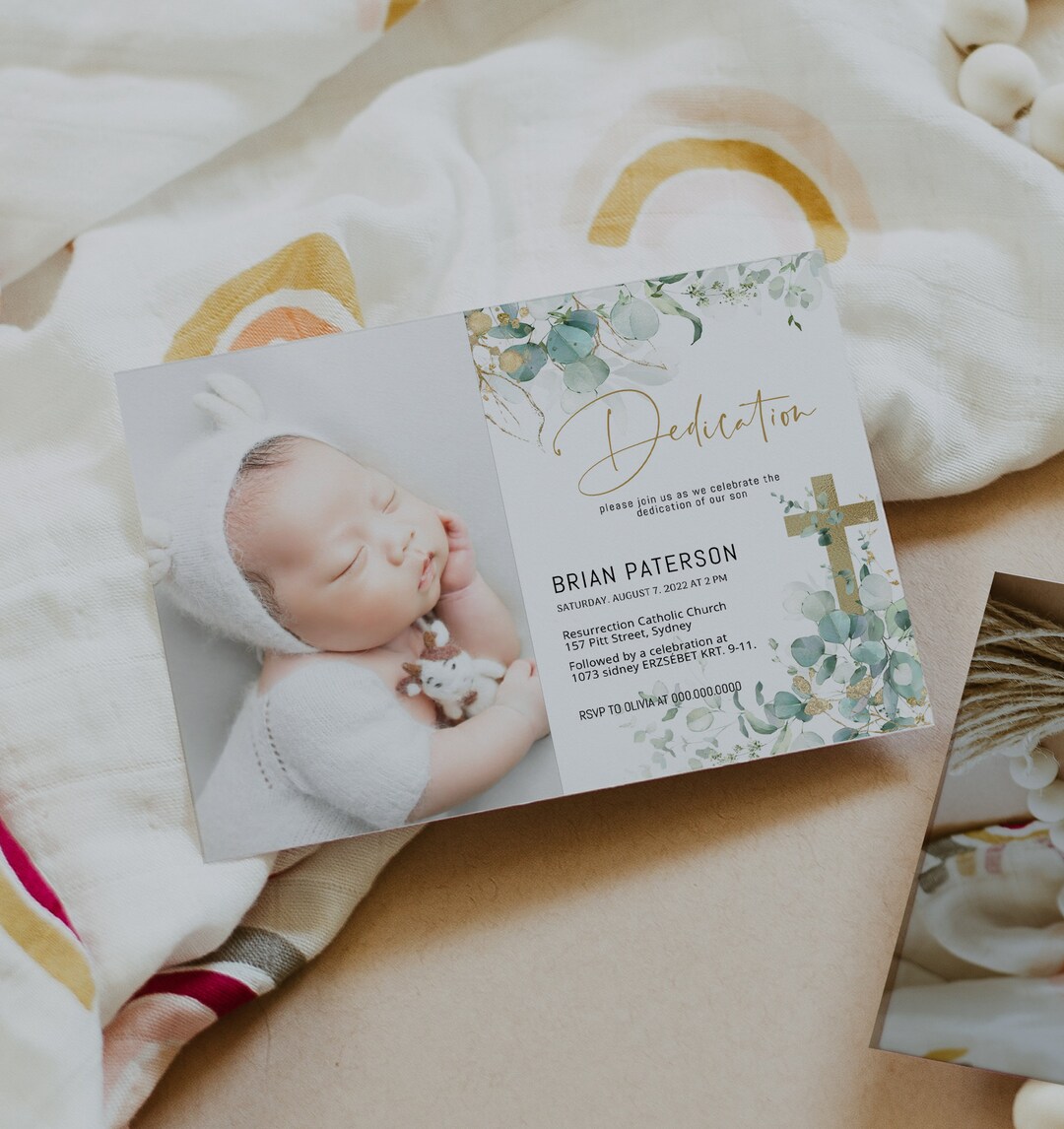 Eucalyptus Baptism Invitation Wish Photo Gold Green Baby Etsy