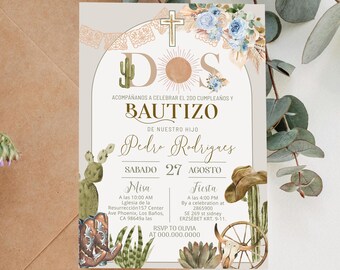 Dos invitaciones de bautizo template, two birthday spanish baptism invite, fiesta birthday invite, christening and 2nd birthday invite, P231