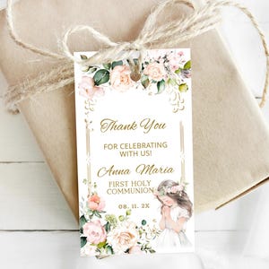 Pink flower first communion thank you tag template, editable christening favor teg, girl 1st holy communion favor tag, baptism gift tag P229