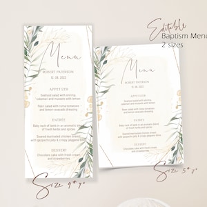 Greenery baptism menu card template, christening menu card, printable menu card, green gold dinner menu card, editable boho leaves menu B12