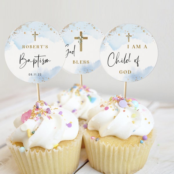 Blue gold baptism cupcake toppers, boy christening cupcake toppers, printable religious cupcake toppers, boy god bless cupcake toppers B2b