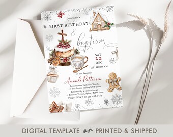 Gingerbread Christmas Baptism and 1st Birthday Invitation Template, Editable Holiday Joint Celebration Invite, Winter Christening, P268