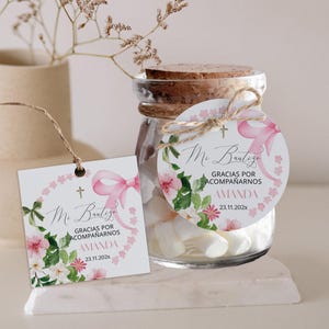 Pink bow bautizo favor tags, editable round thank you tag coquette, pink ribbon spanish baptism gift tag, spanish circle favor template P337