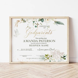 Greenery godparents certificate template, floral baptism certificate editable christening certificate, printable godparents certificate P208