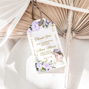 Purple flowers 1st holy communion thank you tags template, editable christening favor tag, communion favor tag, religious fevor tegs, P229