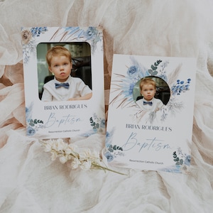 Boy floral baptism photo card template, editable boho christening card, printable photo card, pampas gras picture card, P65