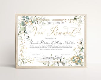 Editable Certificate of Vow Renewal Template, Elegant Eucalyptus Greenery and Gold Rings Anniversary Marriage Keepsake, P133