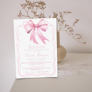Pink bow baptism invitation, girl spanish baptism invite template, mi bautizo, invitacion de Bautizo, editable christening invite P294