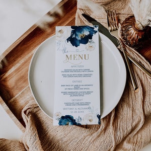 Blue flowers menu template, blue gold menu card, printable boy baby shower menu blue, blue dinner menu cards, blue flowers wedding menu P128