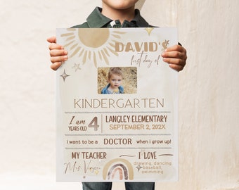 Boho first day of kindergarten sign editable, rainbow first day of kindergarten photo prop, back to school sign 2023 hello kindergarten P152