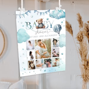 Baby shower photo welcome sign, bear baby shower photo collage, its a boy pregnancy photo collage parents photo collage template P129