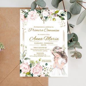 Invitación a la primera comunión de la niña, girl first communion invite invitation in Spanish template, primera comunión, pink green, P229