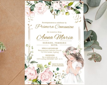 May include: A white invitation with gold lettering and floral accents. The invitation is for a First Communion celebration for Anna Maria. The text reads "Acompananos a celebrar la Primera Comunion de nuestro Hija Anna Maria SABADO, FEBRERO 26TH. MISA A LAS 10:00 AM Resurrection Catholic Church 157 Pitt Street, Sydney RECEPCIÓN By a celebration at 1073 sidney ERZSÉBET KRT. 9-11. RSVP TO OLIVIA AT 000.000.0000"