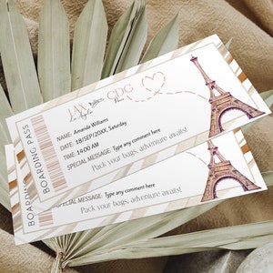 Boarding plane ticket to paris, france surprise gift ticket, paris vacation airline ticket gift voucher, editable personalised present