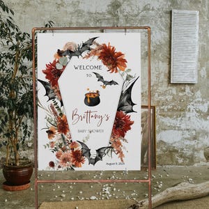 A baby is brewing baby shower welcome sign template, witch baby shower welcome sign, bat gender neutral halloween party welcome poster P149