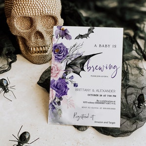 A baby is brewing halloween baby shower invitation digital, a little boo is due invite halloween, printable october baby shower invite P146